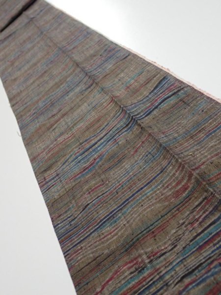 Photo1: 1V09z50  Japanese Kimono Silk TSUMUGI FABRIC  Olive brown 77.2x7.3 (1)