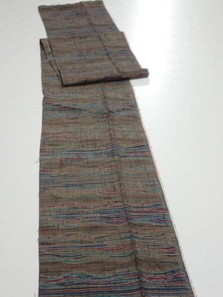 Photo3: 1V09z50  Japanese Kimono Silk TSUMUGI FABRIC  Olive brown 77.2x7.3 (3)