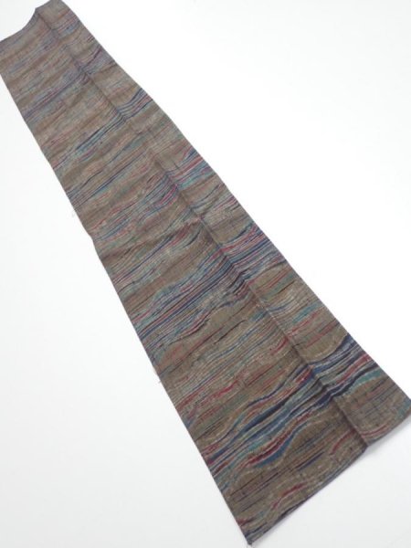 Photo1: 1V10z30  Japanese Kimono Silk TSUMUGI FABRIC  Olive brown 37.4x7.3 (1)