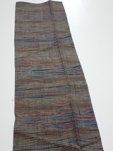 Photo4: 1V10z30  Japanese Kimono Silk TSUMUGI FABRIC  Olive brown 37.4x7.3 (4)