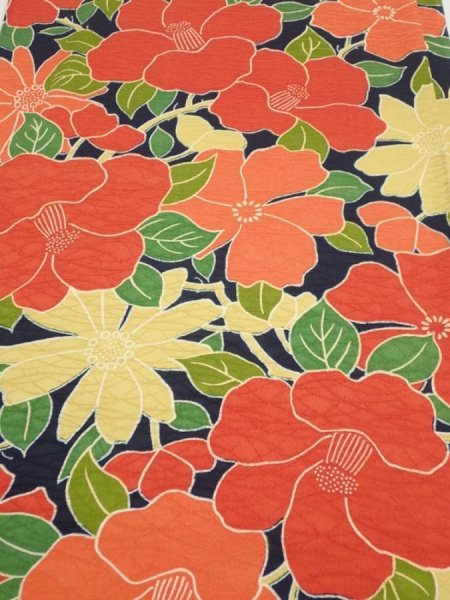 Photo1: 1V01z60  Japanese Kimono Silk  FABRIC Camellia Dark navy 44.5x14.4 (1)