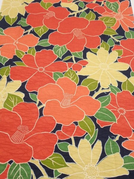 Photo1: 1V06z80  Japanese Kimono Silk  FABRIC Camellia Dark navy 62.2x14.4 (1)