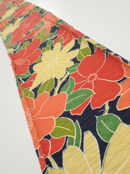 Photo1: 1V08z40  Japanese Kimono Silk  FABRIC Camellia Dark navy 57.1x7.1 (1)