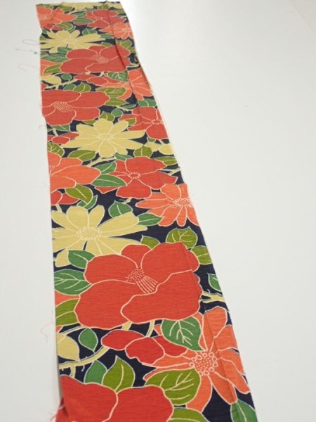 Photo3: 1V08z40  Japanese Kimono Silk  FABRIC Camellia Dark navy 57.1x7.1 (3)