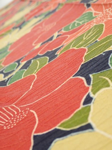Photo4: 1V08z40  Japanese Kimono Silk  FABRIC Camellia Dark navy 57.1x7.1 (4)