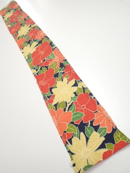 Photo5: 1V08z40  Japanese Kimono Silk  FABRIC Camellia Dark navy 57.1x7.1 (5)