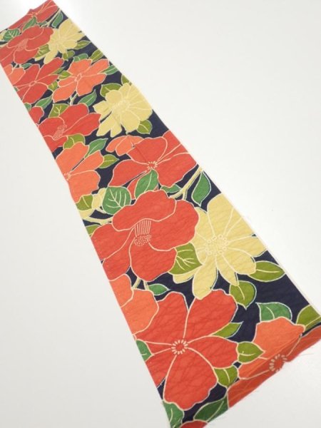 Photo1: 1V10z30  Japanese Kimono Silk  FABRIC Camellia Dark navy 36.6x7.1 (1)