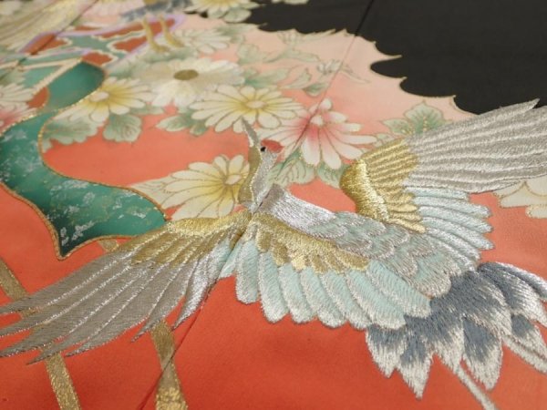 Photo2: 1L01z210  Japanese Kimono Silk  FABRIC Crane Black 56.7x28.7 (2)