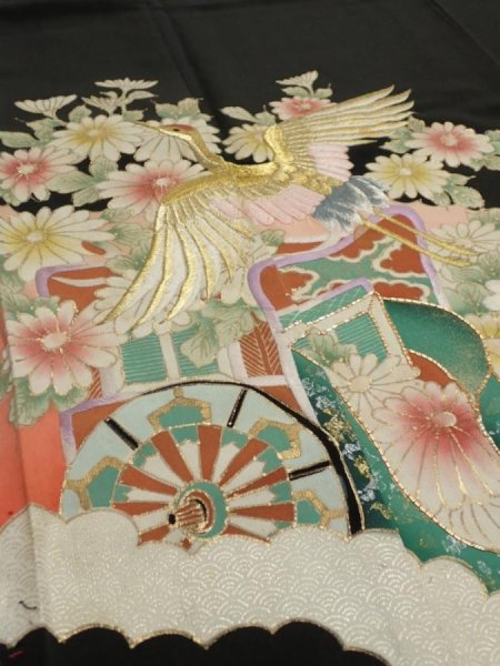 Photo3: 1L01z210  Japanese Kimono Silk  FABRIC Crane Black 56.7x28.7 (3)