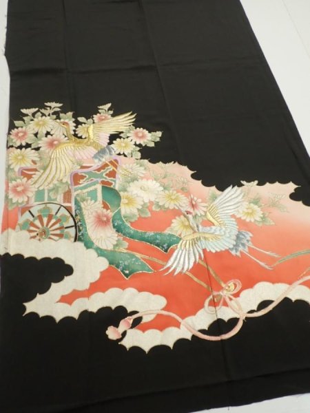 Photo4: 1L01z210  Japanese Kimono Silk  FABRIC Crane Black 56.7x28.7 (4)