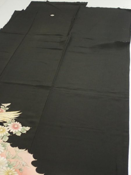 Photo5: 1L01z210  Japanese Kimono Silk  FABRIC Crane Black 56.7x28.7 (5)
