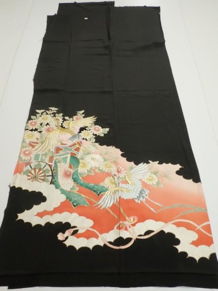 Photo6: 1L01z210  Japanese Kimono Silk  FABRIC Crane Black 56.7x28.7 (6)