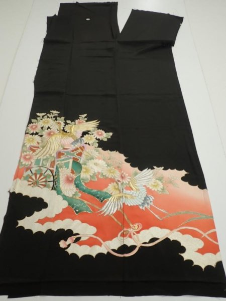 Photo7: 1L01z210  Japanese Kimono Silk  FABRIC Crane Black 56.7x28.7 (7)