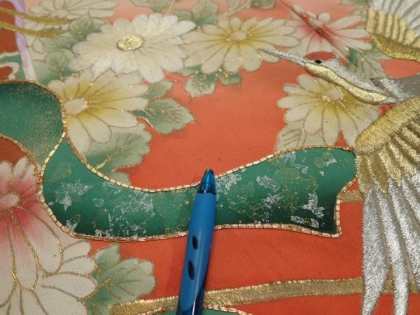 Photo8: 1L01z210  Japanese Kimono Silk  FABRIC Crane Black 56.7x28.7 (8)