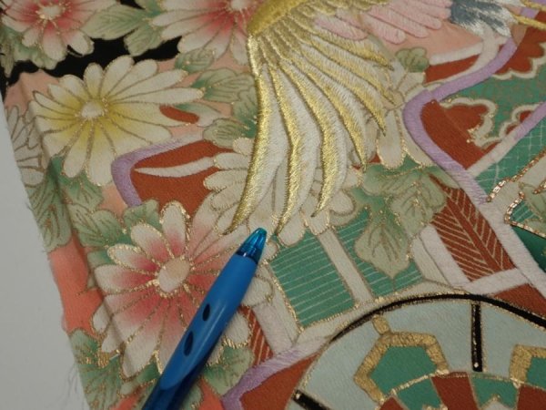 Photo9: 1L01z210  Japanese Kimono Silk  FABRIC Crane Black 56.7x28.7 (9)