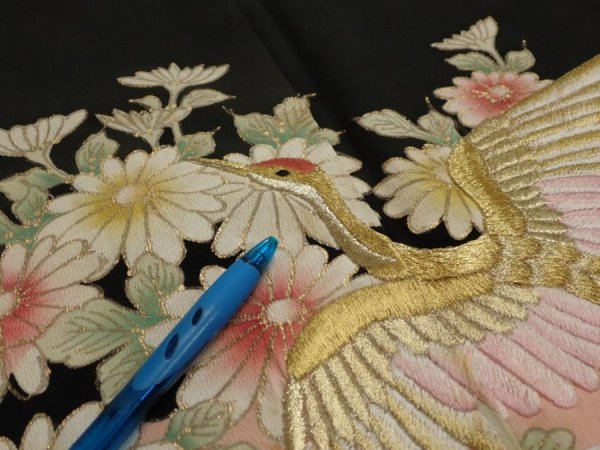 Photo10: 1L01z210  Japanese Kimono Silk  FABRIC Crane Black 56.7x28.7 (10)
