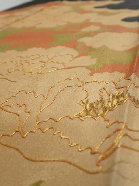 Photo2: 1L02z160  Japanese Kimono Silk  FABRIC Peony Black 65.4x18.3 (2)