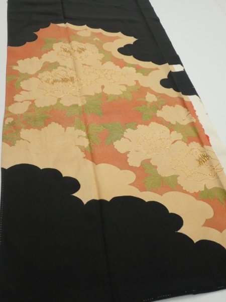 Photo4: 1L02z160  Japanese Kimono Silk  FABRIC Peony Black 65.4x18.3 (4)