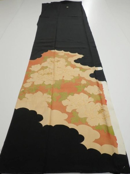Photo5: 1L02z160  Japanese Kimono Silk  FABRIC Peony Black 65.4x18.3 (5)