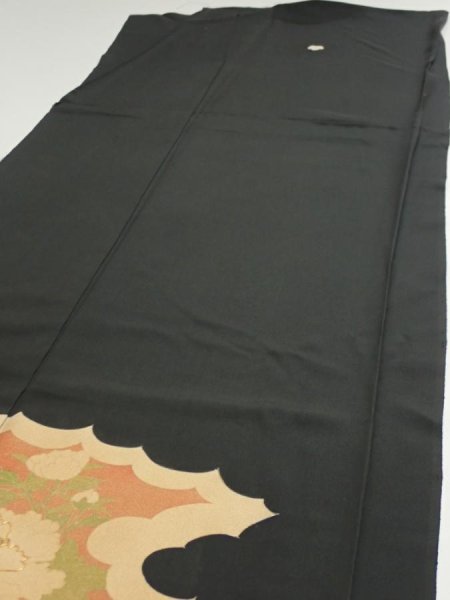 Photo6: 1L02z160  Japanese Kimono Silk  FABRIC Peony Black 65.4x18.3 (6)