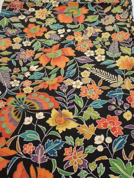 Photo1: 1L02z60  Japanese Kimono Silk  FABRIC Butterfly Black 41.3x14.4 (1)