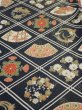 Photo1: 1L01z70  Japanese Kimono Silk  FABRIC Flowers Dark navy 48.8x14.2 (1)