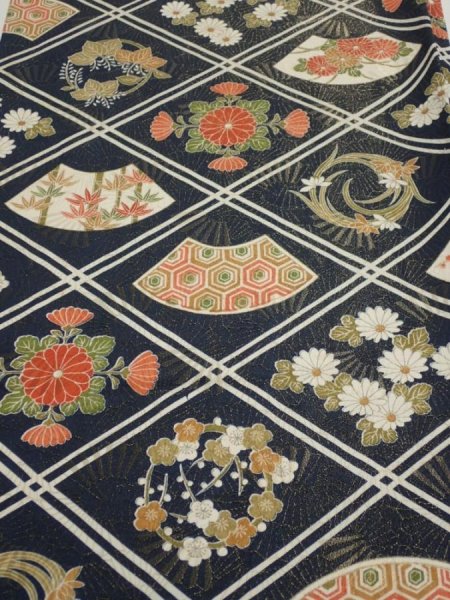 Photo1: 1L01z70  Japanese Kimono Silk  FABRIC Flowers Dark navy 48.8x14.2 (1)