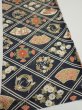 Photo2: 1L01z70  Japanese Kimono Silk  FABRIC Flowers Dark navy 48.8x14.2 (2)