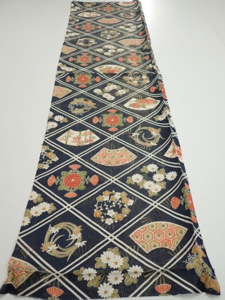 Photo5: 1L01z70  Japanese Kimono Silk  FABRIC Flowers Dark navy 48.8x14.2 (5)