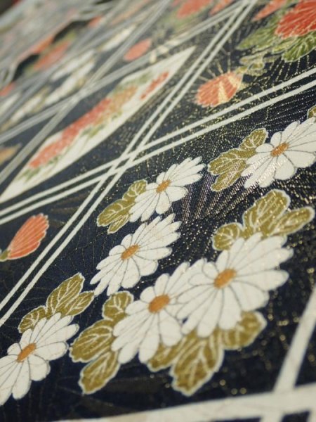 Photo4: 1L02z70  Japanese Kimono Silk  FABRIC Flowers Dark navy 48.4x14.2 (4)