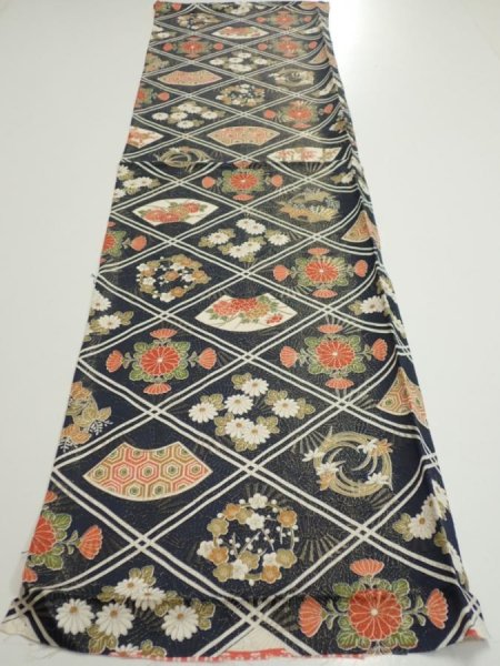 Photo5: 1L02z70  Japanese Kimono Silk  FABRIC Flowers Dark navy 48.4x14.2 (5)