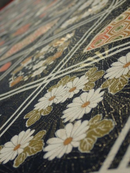 Photo4: 1L03z90  Japanese Kimono Silk  FABRIC Flowers Dark navy 61.0x14.2 (4)