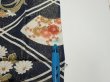 Photo6: 1L05z90  Japanese Kimono Silk  FABRIC Flowers Dark navy 61.0x14.2 (6)