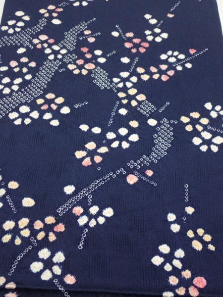 Photo1: 1L01z60  Japanese Kimono Silk  FABRIC Plum branch Dark navy 41.7x13.6 (1)
