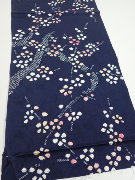 Photo2: 1L01z60  Japanese Kimono Silk  FABRIC Plum branch Dark navy 41.7x13.6 (2)