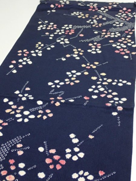 Photo3: 1L01z60  Japanese Kimono Silk  FABRIC Plum branch Dark navy 41.7x13.6 (3)