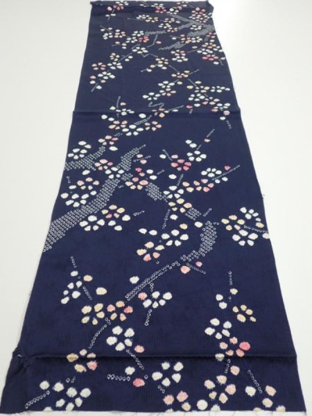 Photo5: 1L01z60  Japanese Kimono Silk  FABRIC Plum branch Dark navy 41.7x13.6 (5)