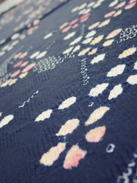 Photo4: 1L02z60  Japanese Kimono Silk  FABRIC Plum branch Dark navy 41.7x13.4 (4)