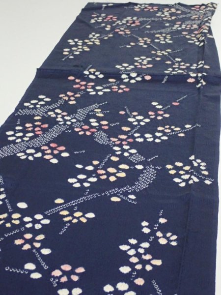 Photo2: 1L03z90  Japanese Kimono Silk  FABRIC Plum branch Dark navy 63.0x13.6 (2)