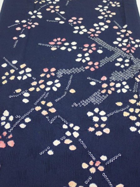 Photo1: 1L04z100  Japanese Kimono Silk  FABRIC Plum branch Dark navy 64.6x13.6 (1)