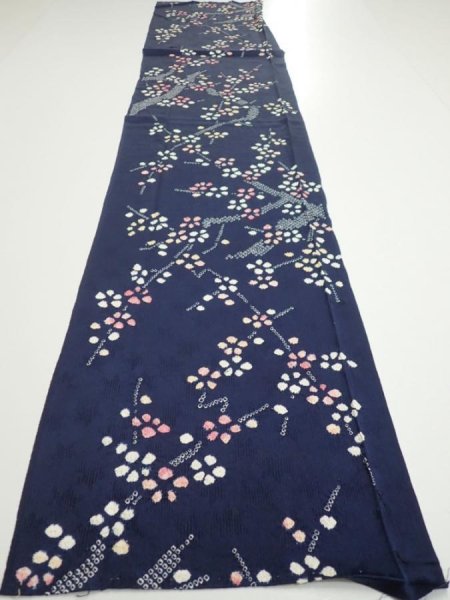 Photo4: 1L04z100  Japanese Kimono Silk  FABRIC Plum branch Dark navy 64.6x13.6 (4)