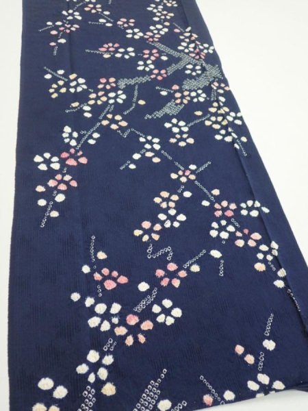 Photo3: 1L06z100  Japanese Kimono Silk  FABRIC Plum branch Dark navy 64.2x13.6 (3)