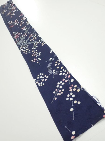 Photo2: 1L07z50  Japanese Kimono Silk  FABRIC Plum branch Dark navy 58.3x6.7 (2)
