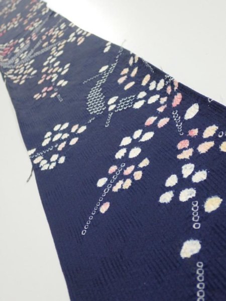 Photo1: 1L08z50  Japanese Kimono Silk  FABRIC Plum branch Dark navy 58.3x6.7 (1)