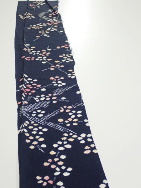 Photo4: 1L08z50  Japanese Kimono Silk  FABRIC Plum branch Dark navy 58.3x6.7 (4)