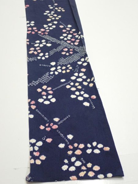 Photo2: 1L09z50  Japanese Kimono Silk  FABRIC Plum branch Dark navy 56.3x6.9 (2)
