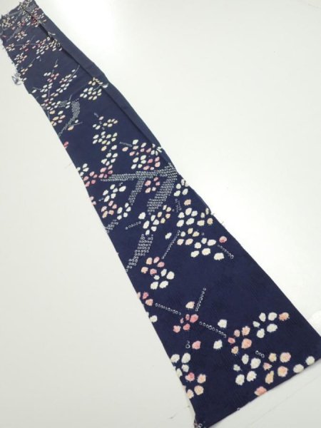 Photo5: 1L09z50  Japanese Kimono Silk  FABRIC Plum branch Dark navy 56.3x6.9 (5)