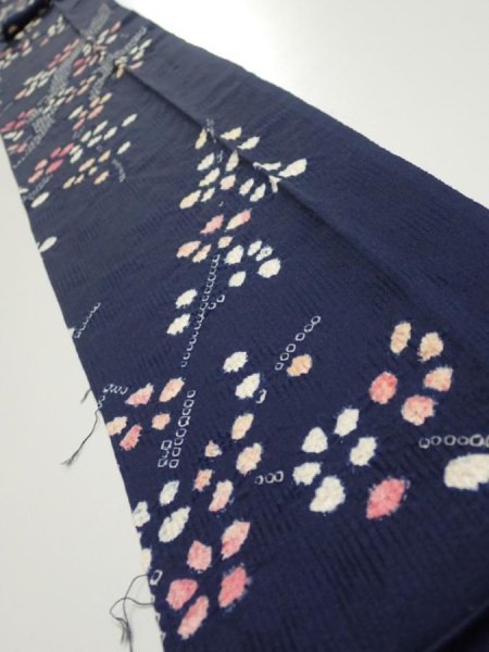 Photo1: 1L10z60  Japanese Kimono Silk  FABRIC Plum branch Dark navy 79.5x6.5 (1)