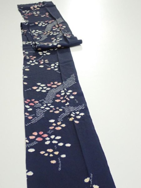 Photo3: 1L10z60  Japanese Kimono Silk  FABRIC Plum branch Dark navy 79.5x6.5 (3)