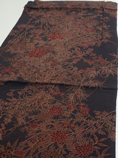 Photo3: 1L01z70  Japanese Kimono Crepe Silk  FABRIC Flowers Navy-Gray 40.6x14.8 (3)